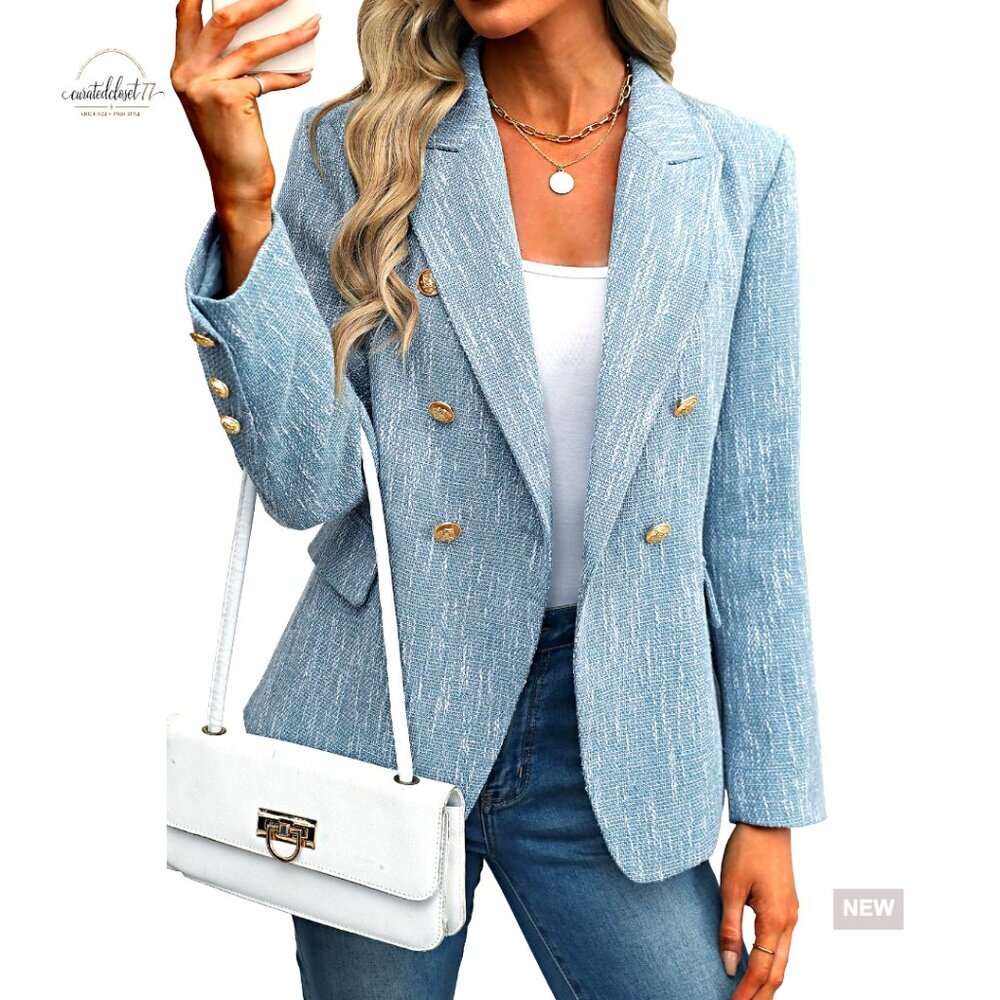 Women's Tweed Blazer Double Breasted Business Casual Jacket Long Sleeve